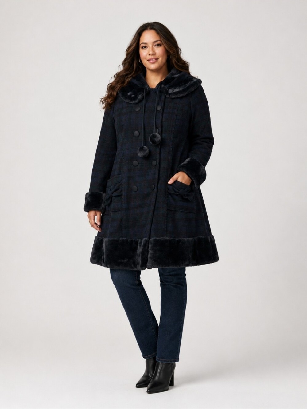 Hell Bunny Plaid Women's Coat with Faux Fur Trim